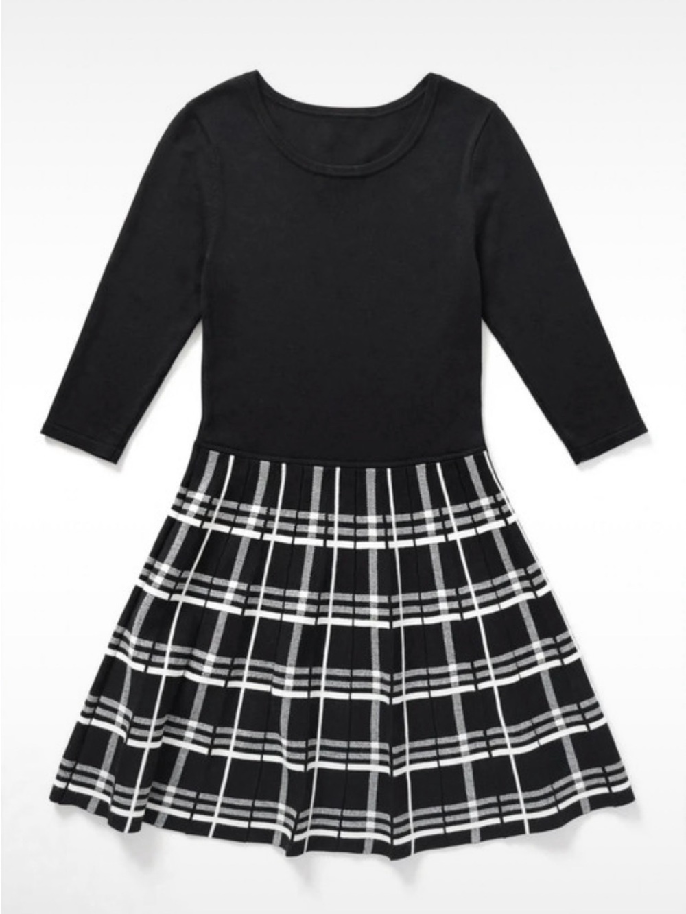 Girls Black Knit Top with Black & White Plaid Skirt Dress